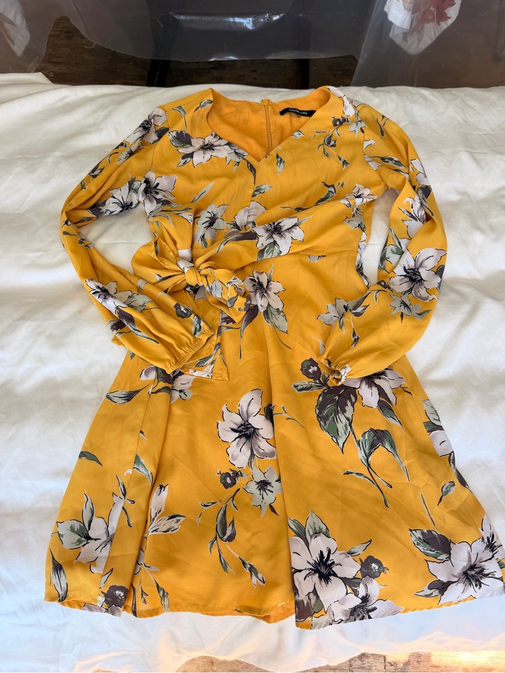 Sugarlips Mustard Yellow Floral Tie-Front Long Sleeve Dress XS